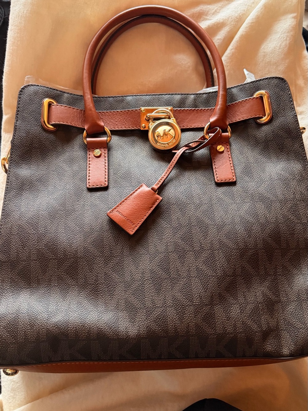 Michael Kors Brown and Tan Logo Tote with Gold Accent Lock